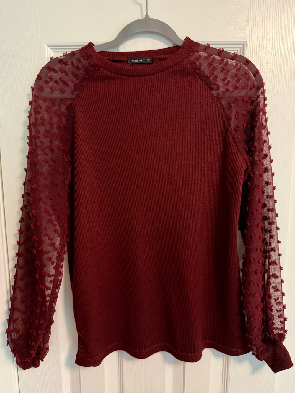 Miholl Top Long Sheer Sleeves Pom Poms Red Wine Size S